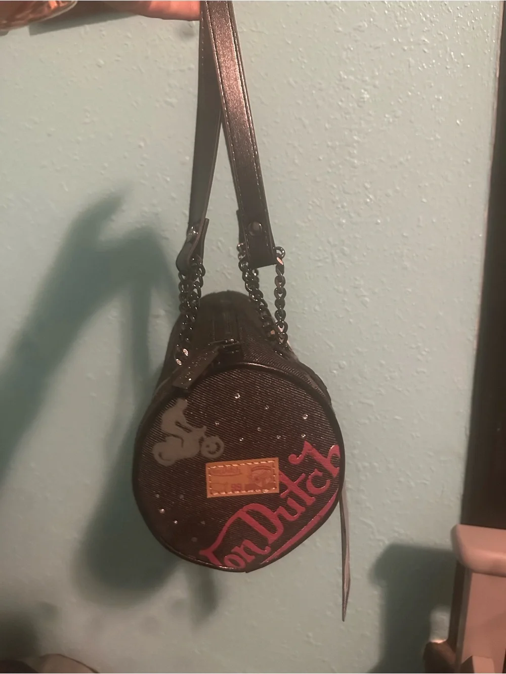 Von Dutch Round Mini Crossbody in Brown with Pink Logo